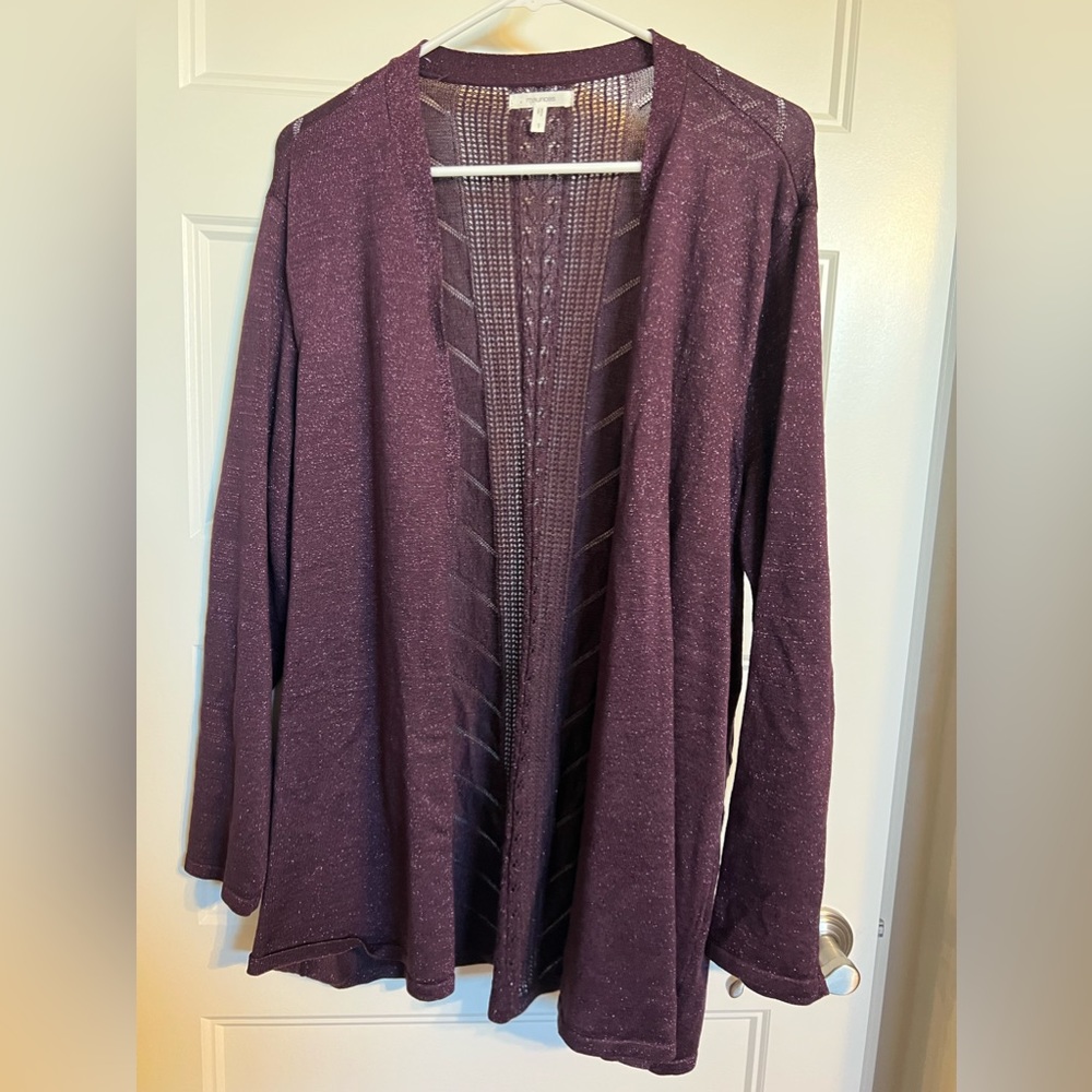 Maurice’s purple cardigan with silver accent